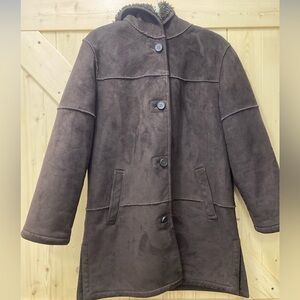 😊😊Liz Claiborne Chocolate Brown Faux Leather Teddy Button Front Hooded Ling Coat